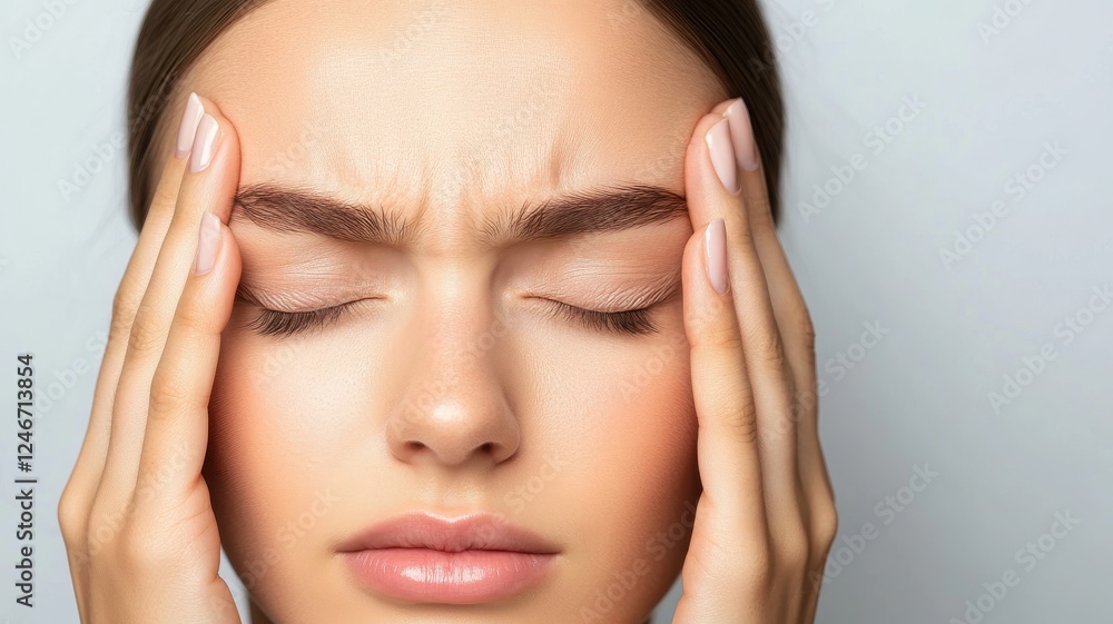 Stressed painful depression trauma. A woman holds her temples, showing signs of stress or discomfort, with her eyes closed and a focused expression. Stressed painful depression trauma. A woman holds her temples, showing signs of stress or discomfort, with her eyes closed and a focused expression.