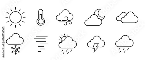 Weather Icons Set – Sun, Cloud, Rain, Snow, Storm, and Wind Symbols