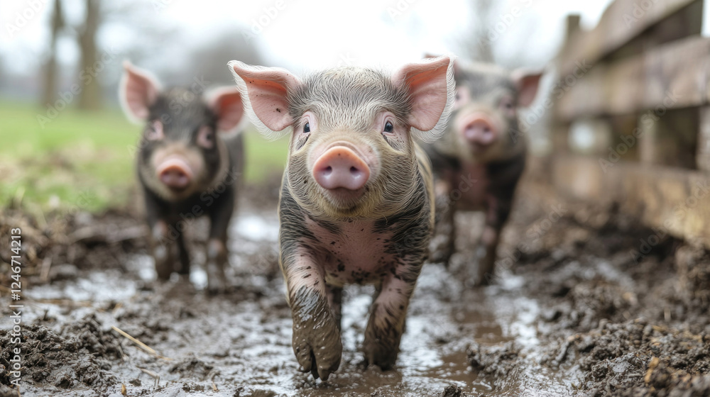 Farm animals, including piglets playing in the mud near a rustic wooden fence Farm animals, including piglets playing in the mud near a rustic wooden fence