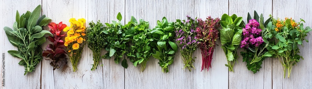 Assorted herbs on white wood, top view, natural freshness, culinary variety, flat lay composition Assorted herbs on white wood, top view, natural freshness, culinary variety, flat lay composition