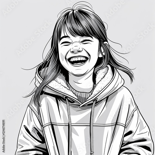 A teenage girl giggling with side swept bangs wearing a winter hoodie in a simple hand drawing flat line design photo