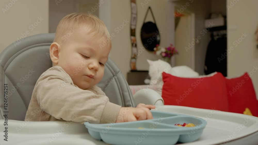 A little boy happily eats a variety of colorful fruits in his high chair at home. The cozy atmosphere features a playful mix of decor as he enjoys his nutritious snack. A little boy happily eats a variety of colorful fruits in his high chair at home. The cozy atmosphere features a playful mix of decor as he enjoys his nutritious snack.