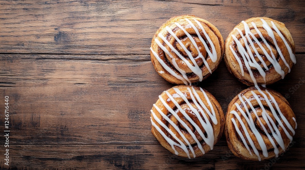 Freshly baked cinnamon rolls with cream frosting on a rustic wooden surface Freshly baked cinnamon rolls with cream frosting on a rustic wooden surface