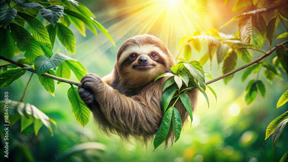 Obraz premium Double Exposure: Sloth in Lush Rainforest Canopy Eating Leaves