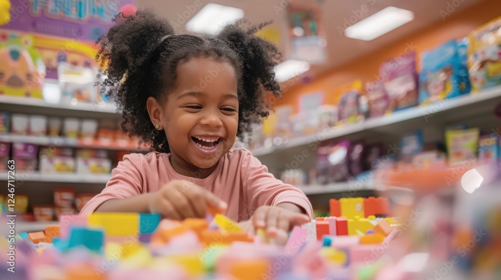 A young girl is playing with blocks in a store A young girl is playing with blocks in a store