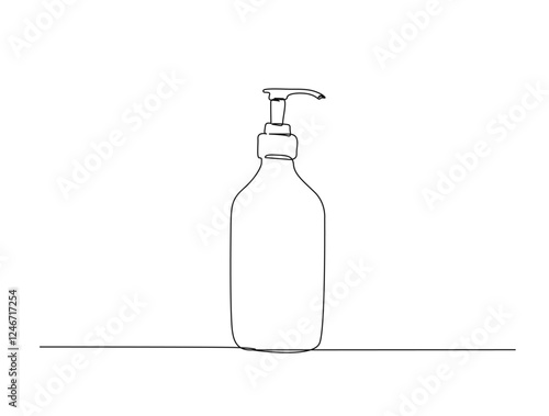 Continuous one line drawing of cosmetic bottle with pump dispenser design. Pump soap bottle in single line draw illustration. Editable stroke.