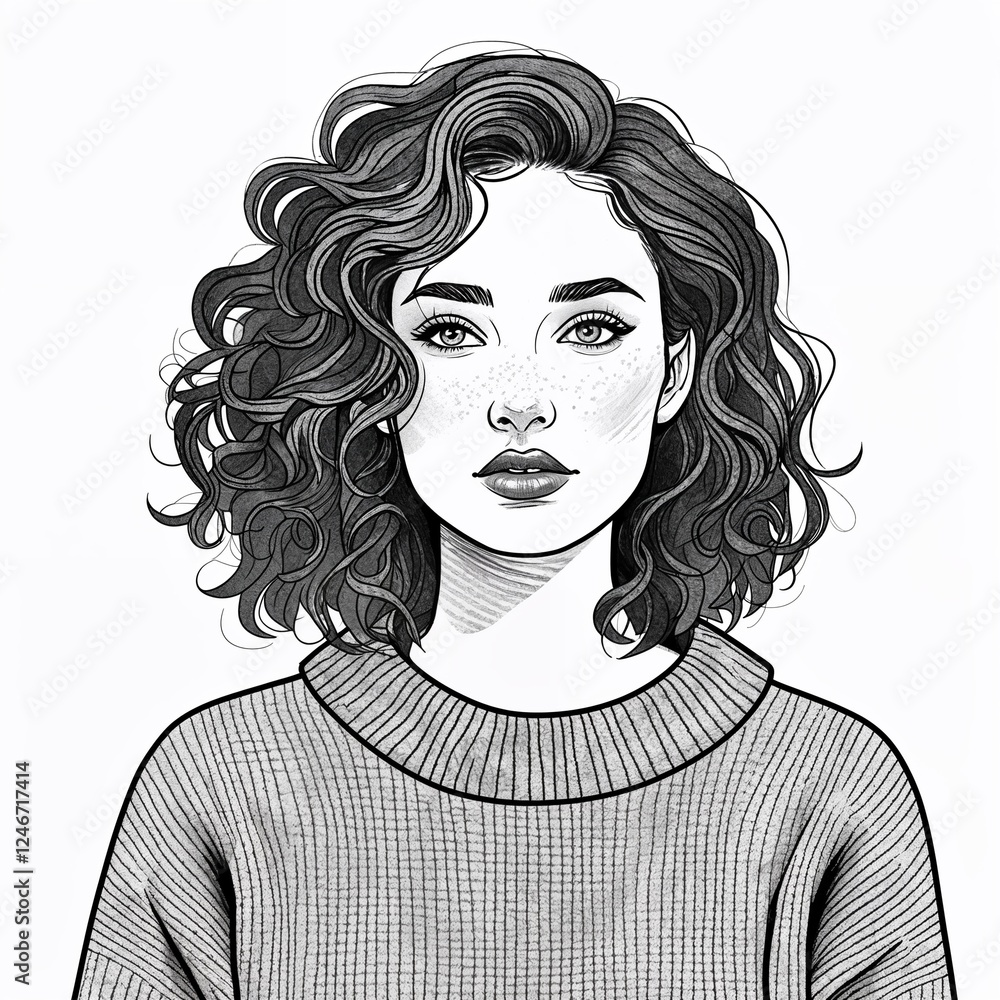 A young adult woman shy with shoulder length curly hair wearing a winter wool sweater in a simple hand drawing flat line design A young adult woman shy with shoulder length curly hair wearing a winter wool sweater in a simple hand drawing flat line design