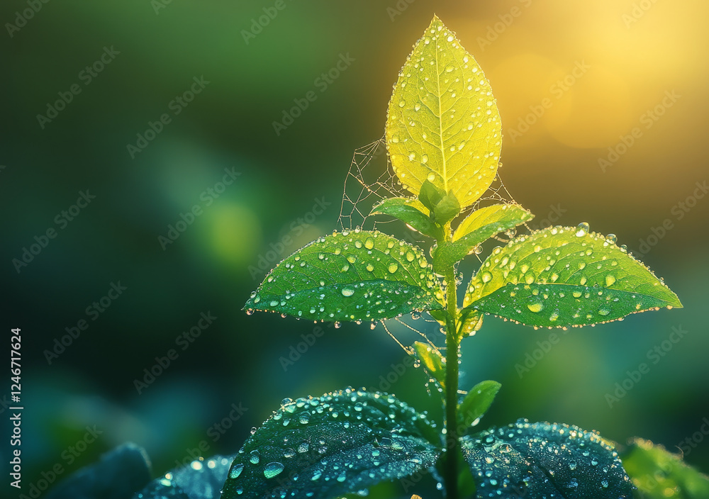 delicate young plant with water droplets and spider webs delicate young plant with water droplets and spider webs