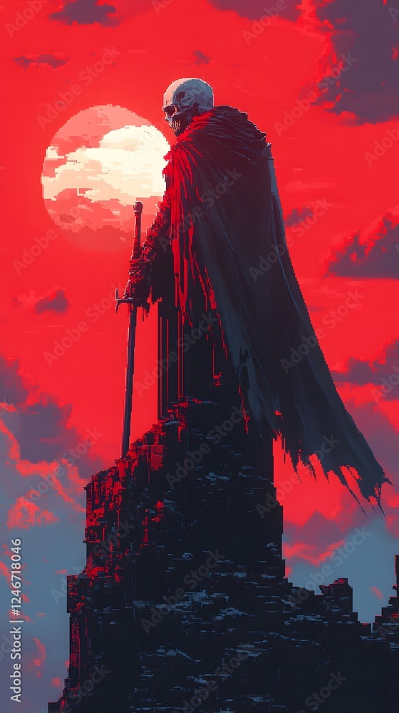 A pixel vampire lord in a flowing crimson cape, sharp fangs bared, dark castle background, hyper-detailed 8-bit game sprite A pixel vampire lord in a flowing crimson cape, sharp fangs bared, dark castle background, hyper-detailed 8-bit game sprite