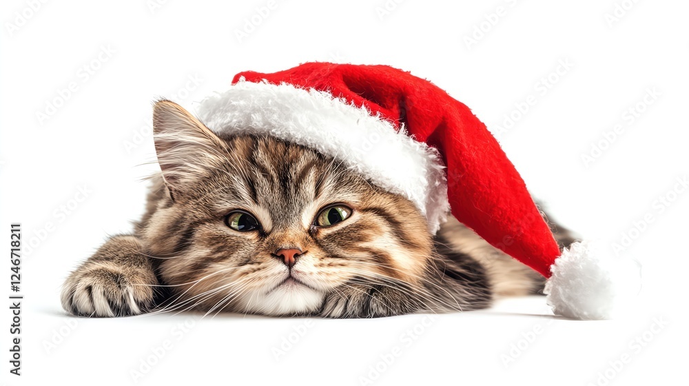 Grumpy cat in a Santa hat lying on a white background, looking displeased Grumpy cat in a Santa hat lying on a white background, looking displeased