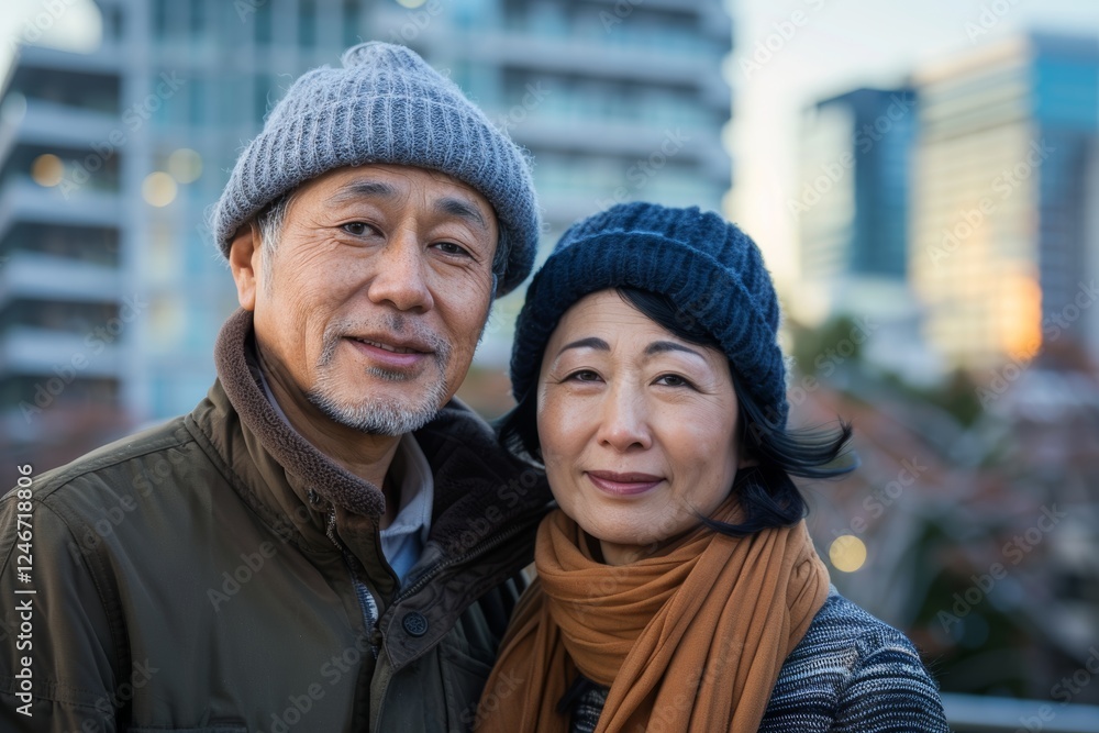 Portrait of a happy asian couple in their 40s donning a warm wool beanie in modern cityscape background Portrait of a happy asian couple in their 40s donning a warm wool beanie in modern cityscape background