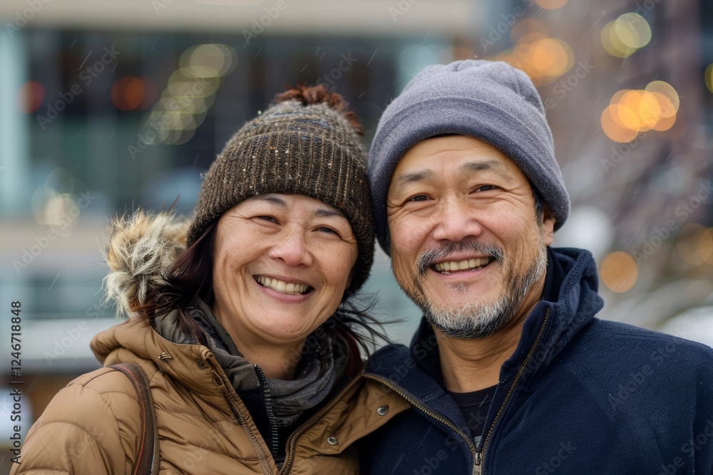 Portrait of a happy asian couple in their 40s donning a warm wool beanie isolated on modern cityscape background Portrait of a happy asian couple in their 40s donning a warm wool beanie isolated on modern cityscape background