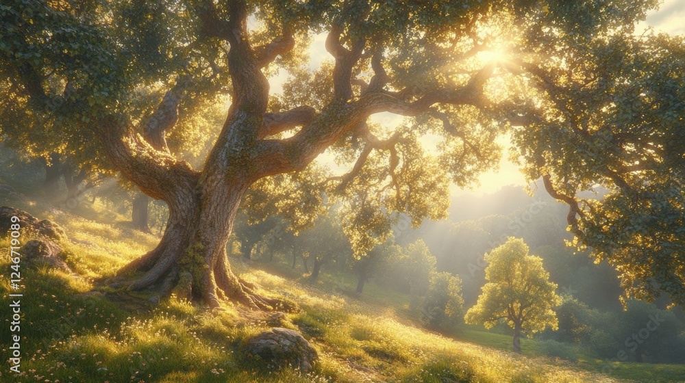 Majestic Oak Tree in Golden Morning Light with Sun Rays and Mist Majestic Oak Tree in Golden Morning Light with Sun Rays and Mist