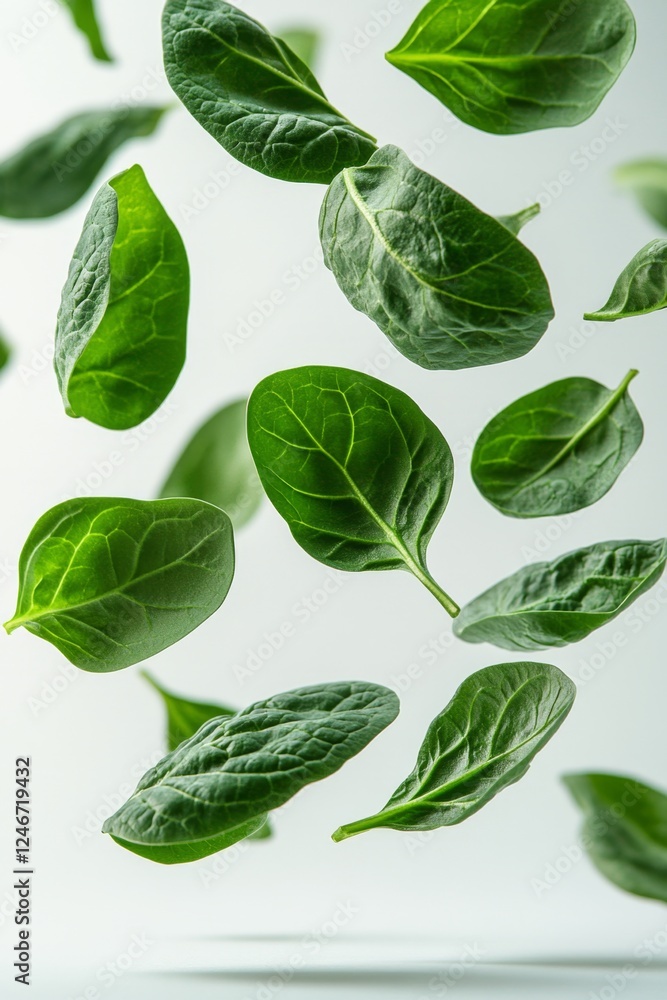 Fototapeta premium Floating Spinach Leaves Fresh, Vibrant Green Leafy Vegetable in Mid-Air