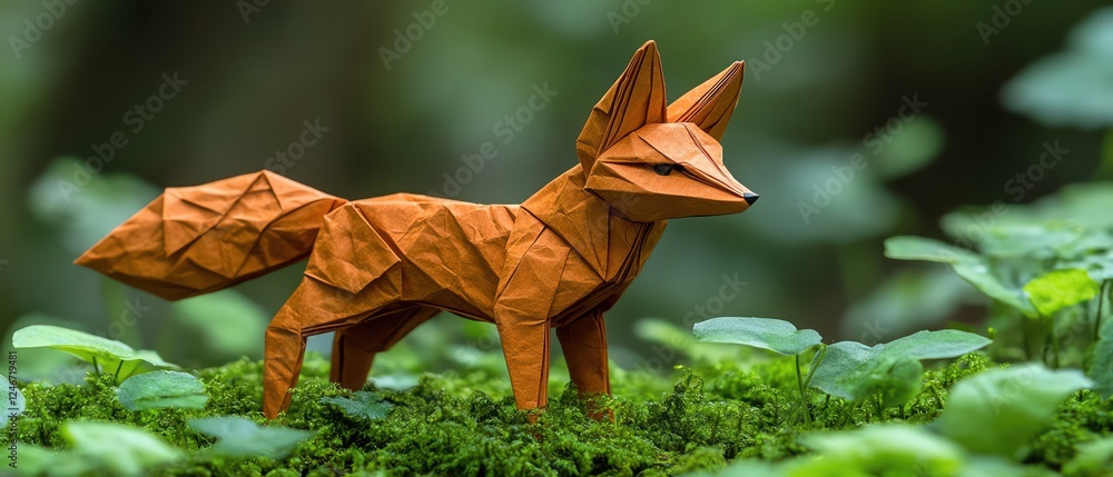 Fototapeta premium Origami fox standing gracefully on mossy forest ground, rich green foliage, soft morning light
