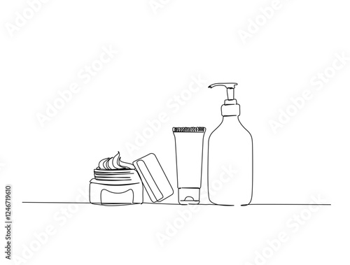 Continuous one line drawing of osmetic products. Skin care product set in shopping bag in single line draw illustration. Editable stroke.