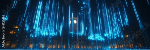 Futuristic cityscape Westminster Palace the Houses of Parliament night with network data, photo