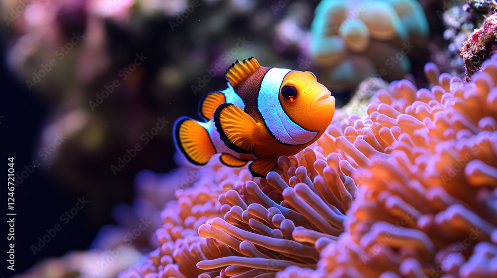 Marine animals featuring clownfish peeking out from a sea anemone in a colorful reef Marine animals featuring clownfish peeking out from a sea anemone in a colorful reef