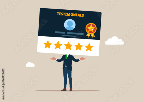 Businessman with testimonial card on head person. Testimonials client review, customer praise or opinion or feedback giving 5 stars rating, message or positive comment, quality service. 