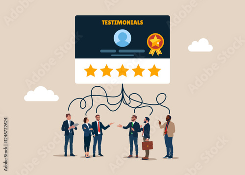 Business people think about testimonial card with good reviews, feedback giving 5 stars rating, positive comment, quality service. Flat vector illustration. 