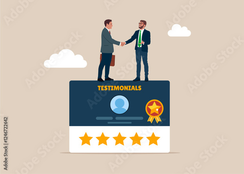 Two businessmen doing handshake. Customer feedback. Feedback giving 5 stars rating, positive comment, quality service. Modern vector illustration in flat style