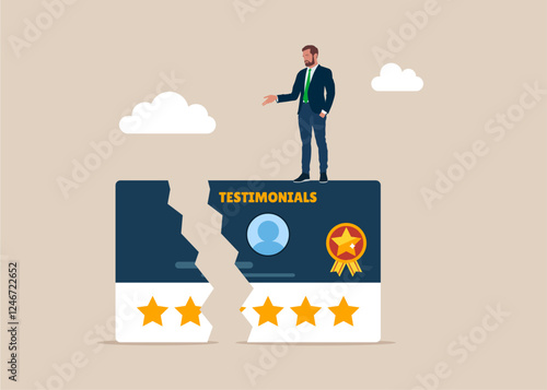 Bad service. Testimonial card with good reviews is torn. Businessman in heavy at financial chasm. Financial crisis, profit and loss in business or deflation and inflation. Flat vector illustration