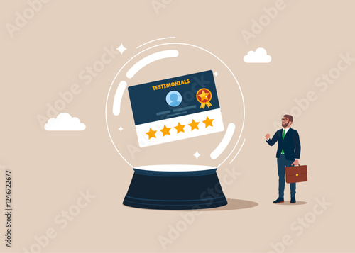 Crystal magic ball with testimonial card with good reviews. Vision business accessibility. Testimonials client review, customer praise or opinion or feedback giving 5 stars rating, quality service. 