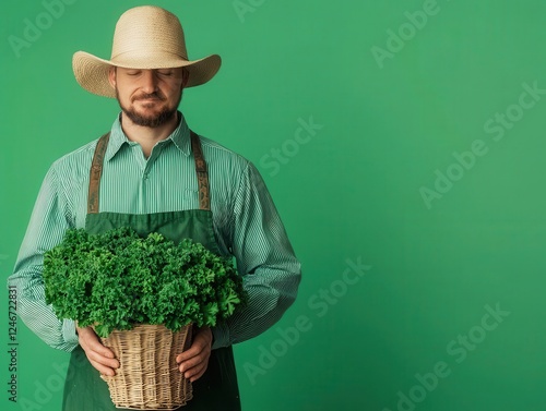 A farmer harvesting kale and parsley in a field decorated with subtle cloverthemed accents photo