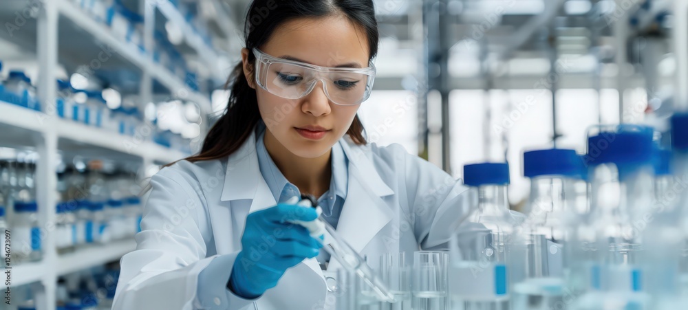 A woman in a lab coat is working with a pipette A woman in a lab coat is working with a pipette