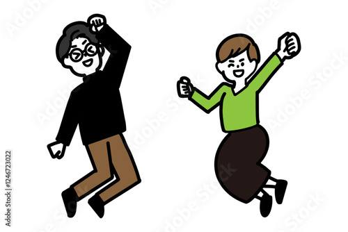 ジャンプして喜ぶ男女のセットイラスト
