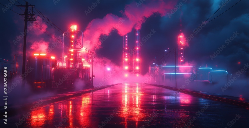 Fototapeta premium Futuristic Hydrogen Energy Storage Facility with Neon Lights and Speeding Train in Cyberpunk Night Scene