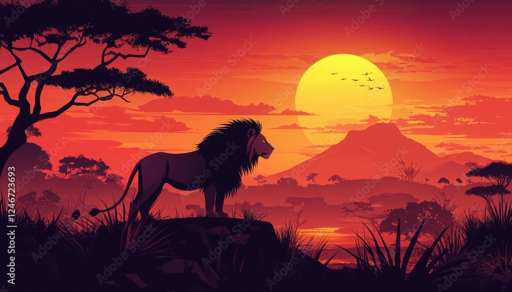 Naklejka premium A majestic lion stands silhouetted against a vibrant sunset, embodying the spirit of the wild in a serene African landscape.