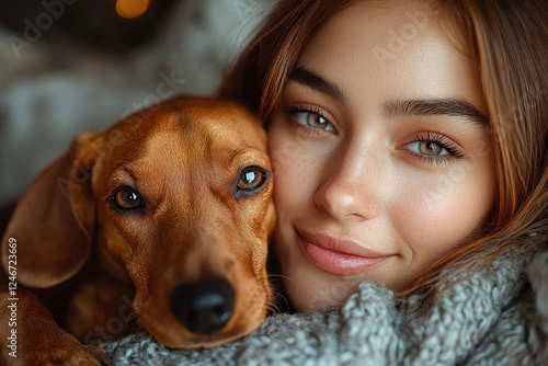 A young Latin woman with her dachshund pet lying on a bed at home in Mexico, Latin America