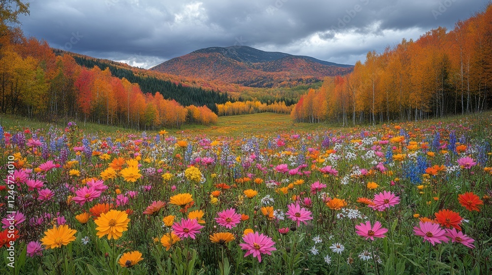 Fototapeta premium Wildflowers in Autumn Field with Mountains