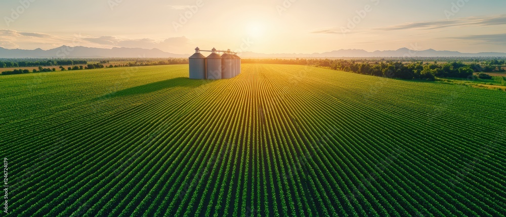Fototapeta premium Farm landscape featuring a red barn surrounded by green fields and a clear blue sky