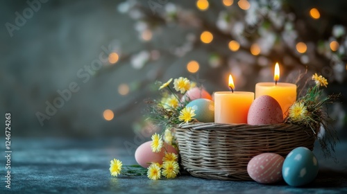 Happy Easter. Bunny Easter Eggs and refreshments to the table. Photo.