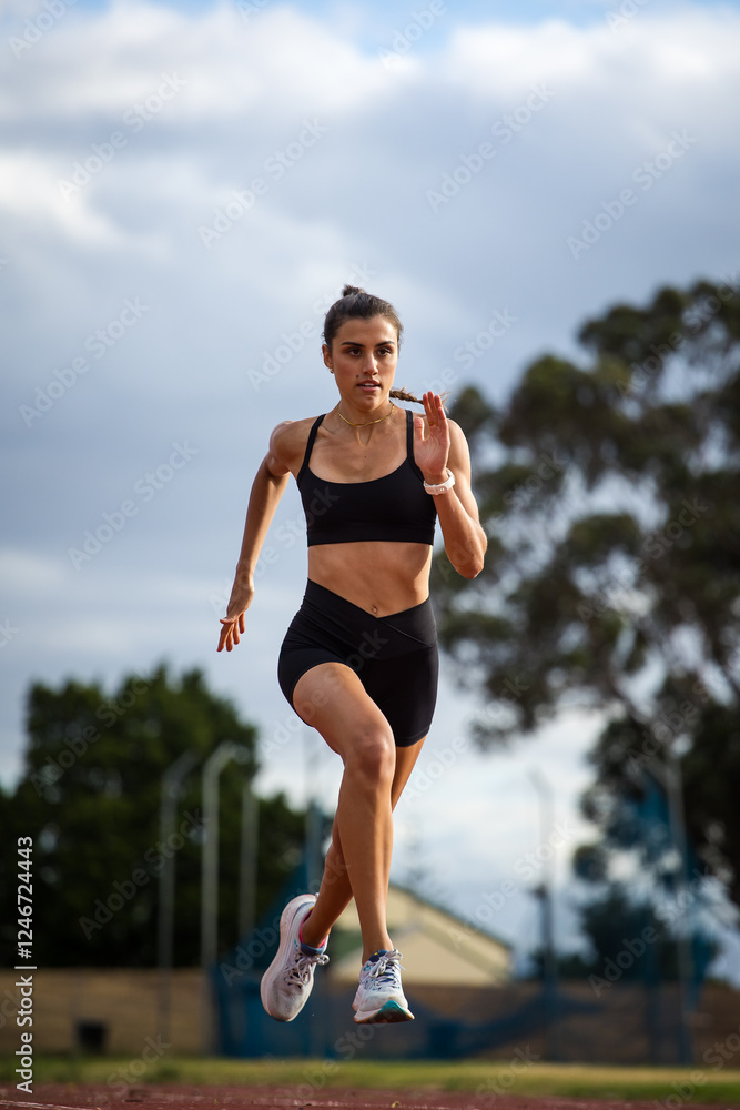 Female athlete in black sportswear training on a professional running track and running through various dynamic exercises, showcasing endurance, strength, and athleticism. Female athlete in black sportswear training on a professional running track and running through various dynamic exercises, showcasing endurance, strength, and athleticism.