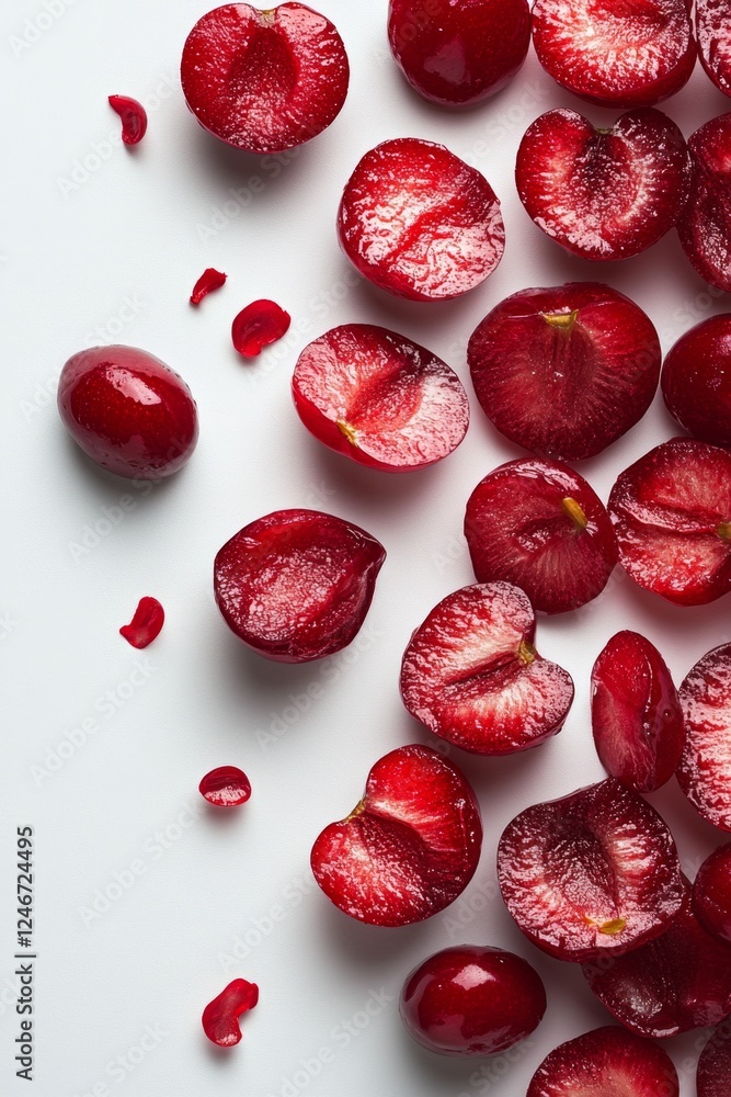 Fototapeta premium Juicy Red Cherries Halved Whole, Fresh Vibrant Fruit Photography