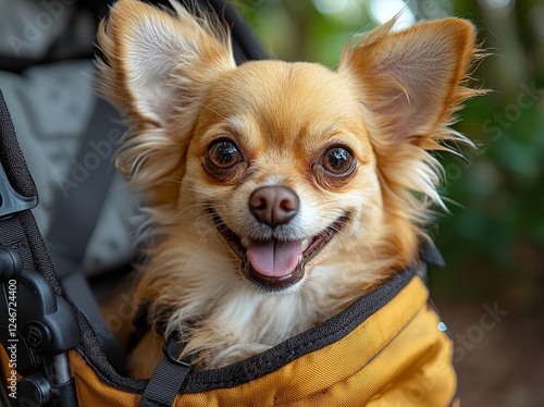 A cheerful brown chihuahua with short hair is standing in a pet carrier backpack with the windows open, smiling and looking at the camera photo