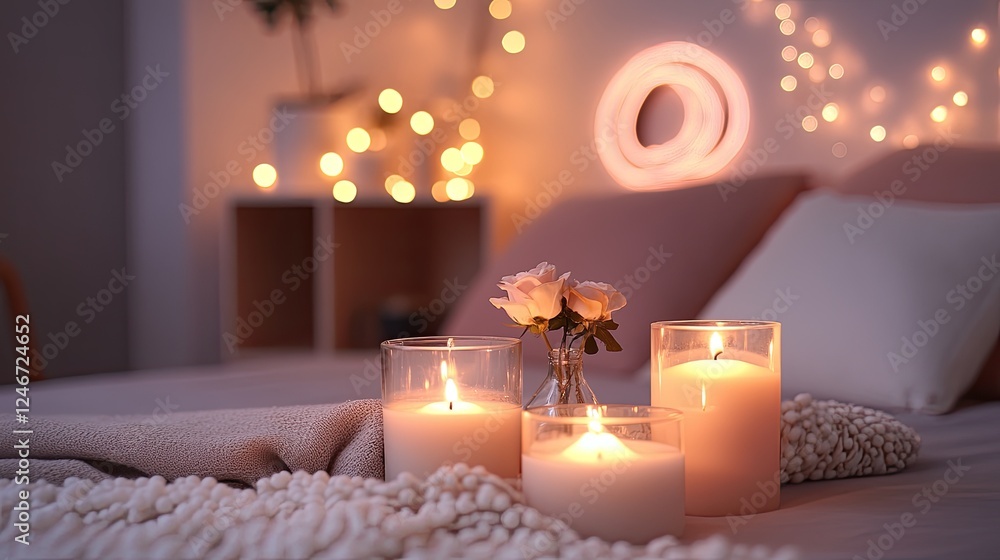 Cozy Bedroom Setting with Candles, Flowers, and Warm String Lights Cozy Bedroom Setting with Candles, Flowers, and Warm String Lights