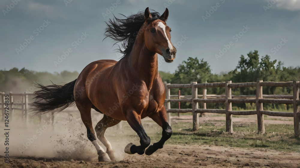 Brown Horse Racing Through Dusty Landscape Brown Horse Racing Through Dusty Landscape