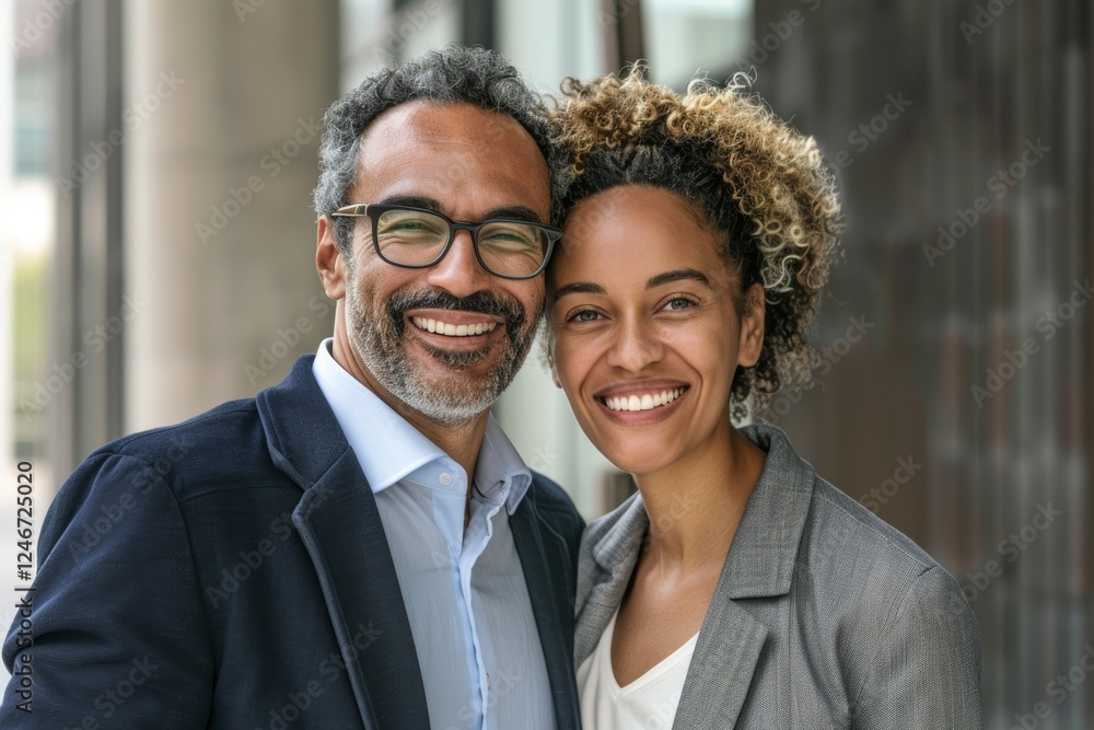 Portrait of a grinning multicultural couple in their 30s dressed in a stylish blazer while standing against sophisticated corporate office background Portrait of a grinning multicultural couple in their 30s dressed in a stylish blazer while standing against sophisticated corporate office background
