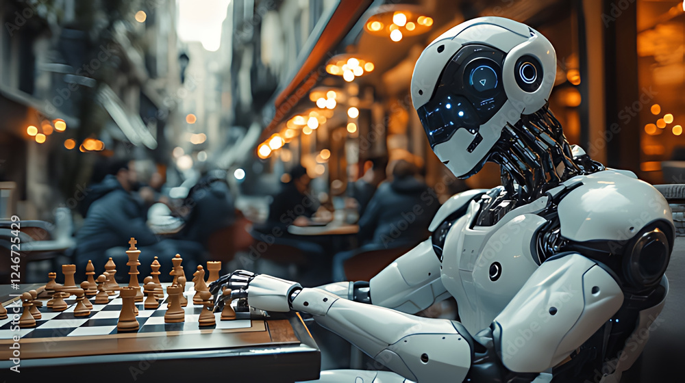 custom made wallpaper toronto digitalRobot plays chess in city cafe, blurred background