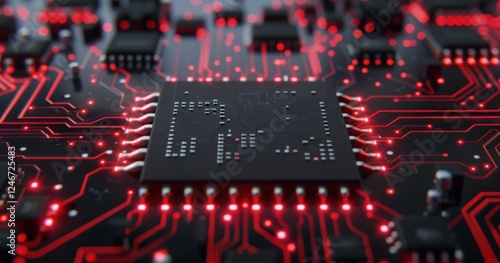 A close up of a black computer chip with red lights