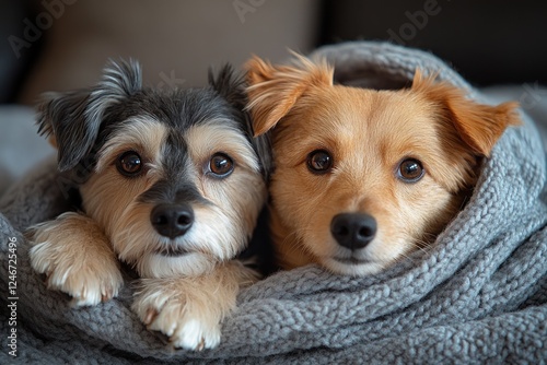 Two scared dogs hiding under a warm blanket during fireworks with anxious expressions photo