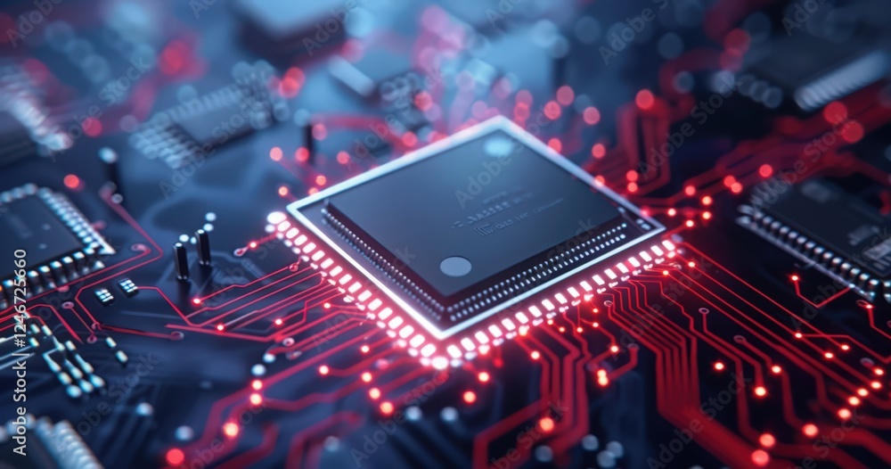 A computer chip is lit up in red and blue A computer chip is lit up in red and blue