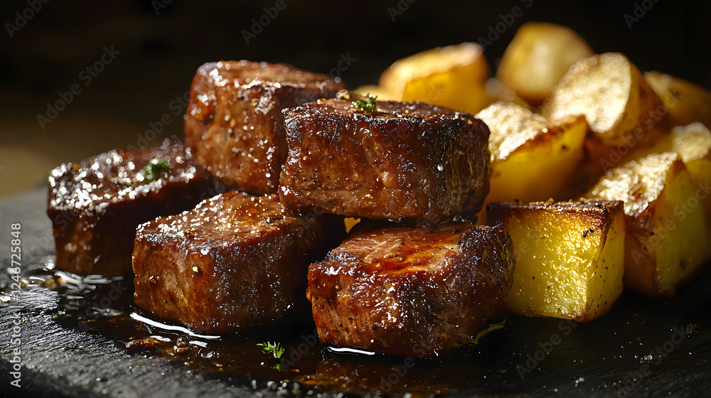 High-End Studio Photography Shot of Delicious Steak and Potatoes High-End Studio Photography Shot of Delicious Steak and Potatoes