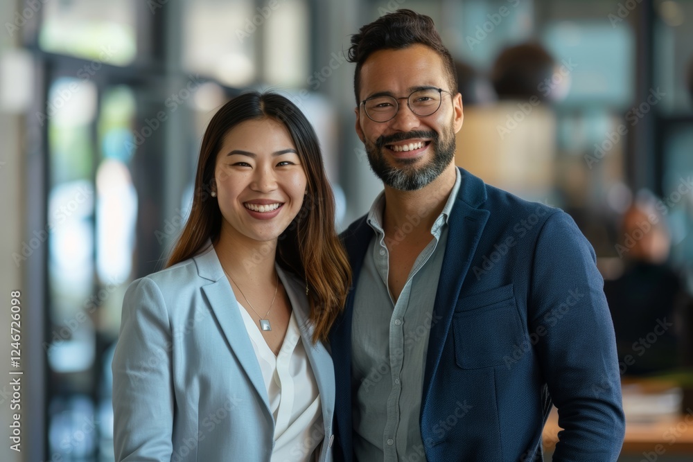 Portrait of a grinning multicultural couple in their 30s dressed in a stylish blazer while standing against sophisticated corporate office background Portrait of a grinning multicultural couple in their 30s dressed in a stylish blazer while standing against sophisticated corporate office background