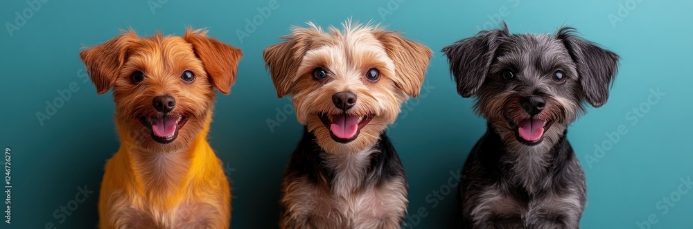 Three Happy Smiling Dogs with Closed Eyes Isolated on Light Blue Background Three Happy Smiling Dogs with Closed Eyes Isolated on Light Blue Background