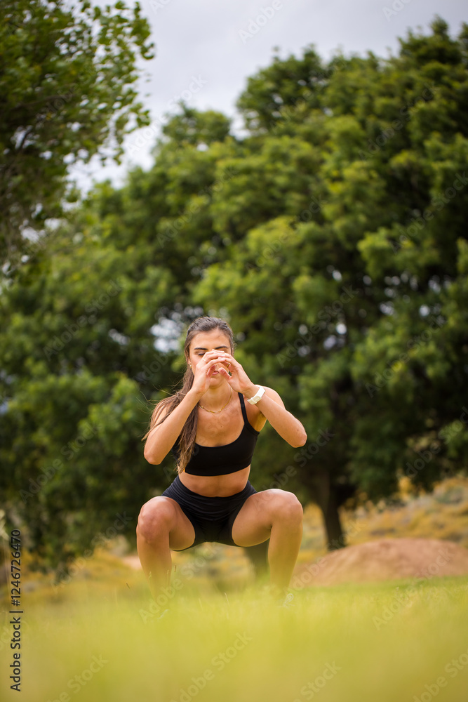 Young female athlete in black sportswear exercising outdoors in a scenic rural setting. Captured in various poses including stretching, jumping, and smiling, showcasing fitness, health. Young female athlete in black sportswear exercising outdoors in a scenic rural setting. Captured in various poses including stretching, jumping, and smiling, showcasing fitness, health.